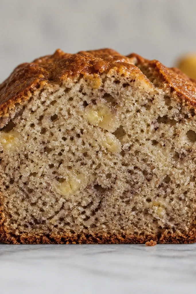 A loaf cross-section with visible banana speckling and tiny streaks, showing banana mash distributed in small pockets rather than one big mass.