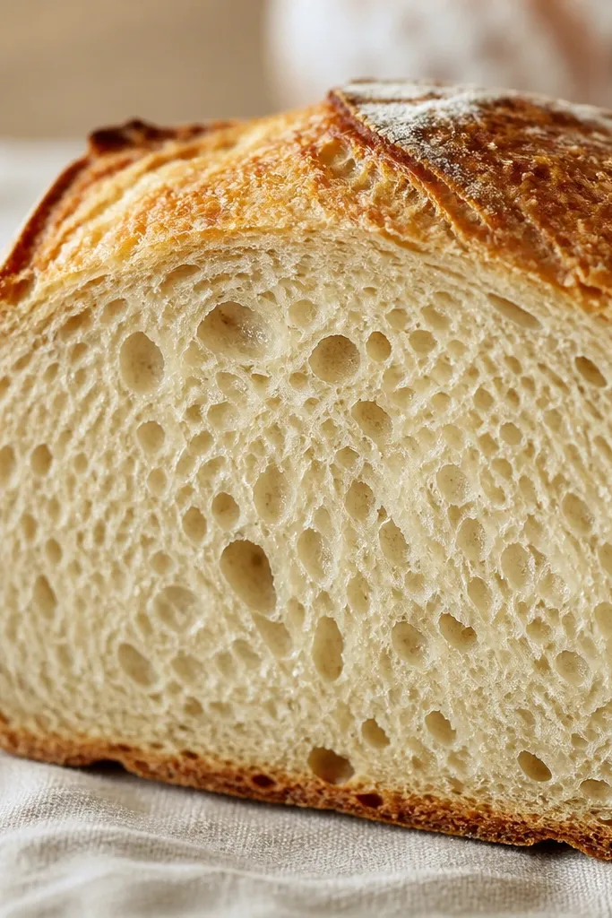 Close-up of a slice showing a pale beige crumb with slight golden tones near the edges, not dull or gray.
