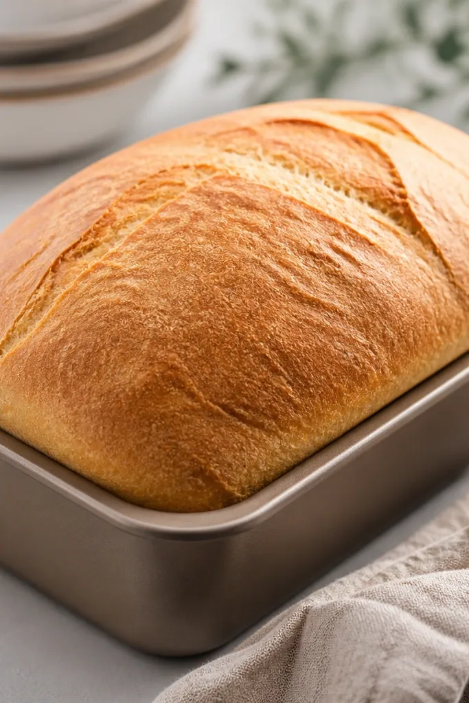 A loaf with a gentle dome that sits above the rim, the top smooth with a few cracks, edges not sunken.