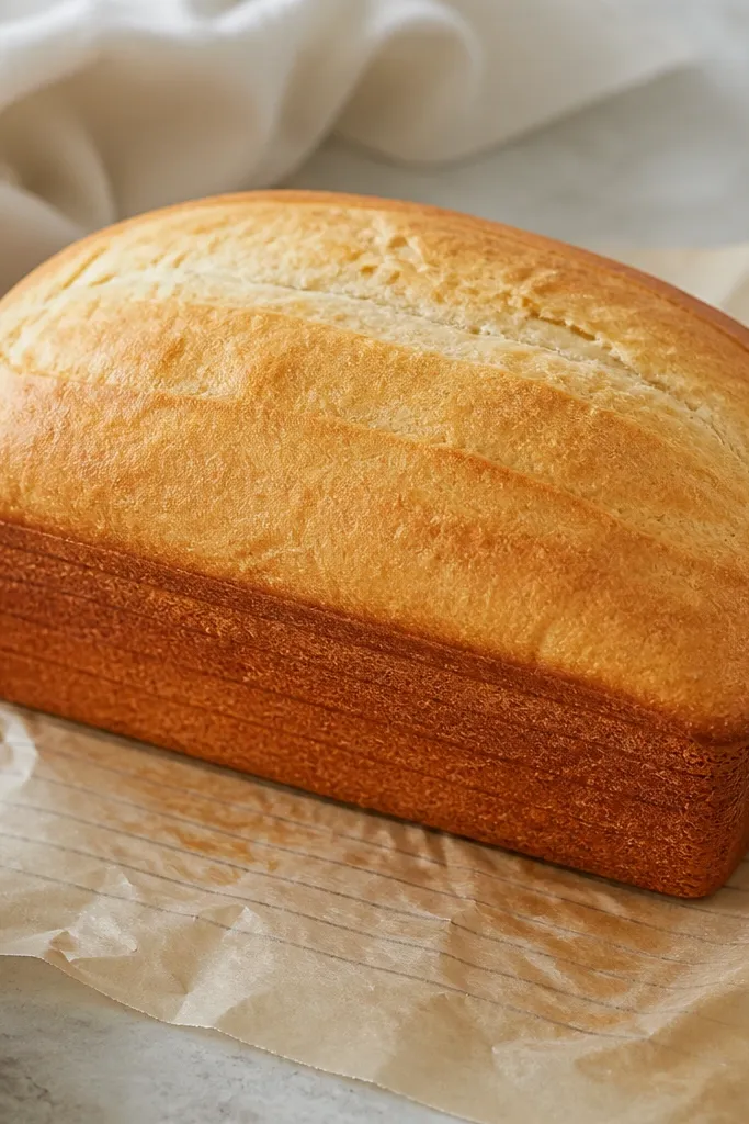 The loaf on its parchment with faint lines where parchment touched, the sides a deeper golden brown than the top.