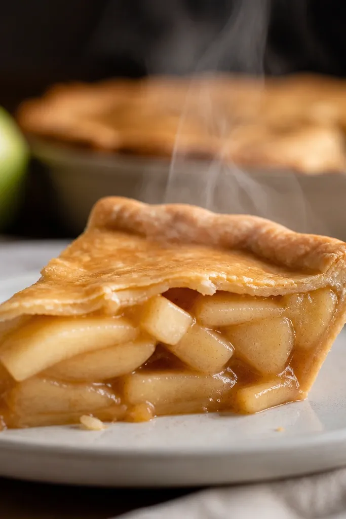 A slice with a thin, soft crust layer at the top edge, not crunchy, with steam visible when cut.