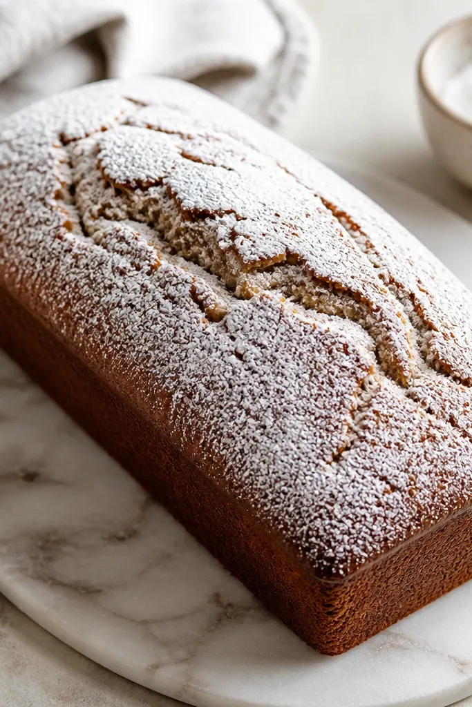 A loaf with a light powdered sugar dusting over the top, the cracks still visible underneath.