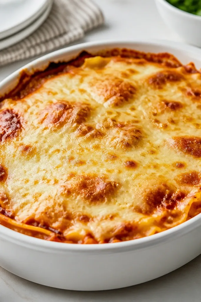 A crockpot cheese ravioli lasagna in a white ceramic dish with a glossy golden-brown top, melted cheese bubbling at the edges, and tiny red sauce flecks peeking through.