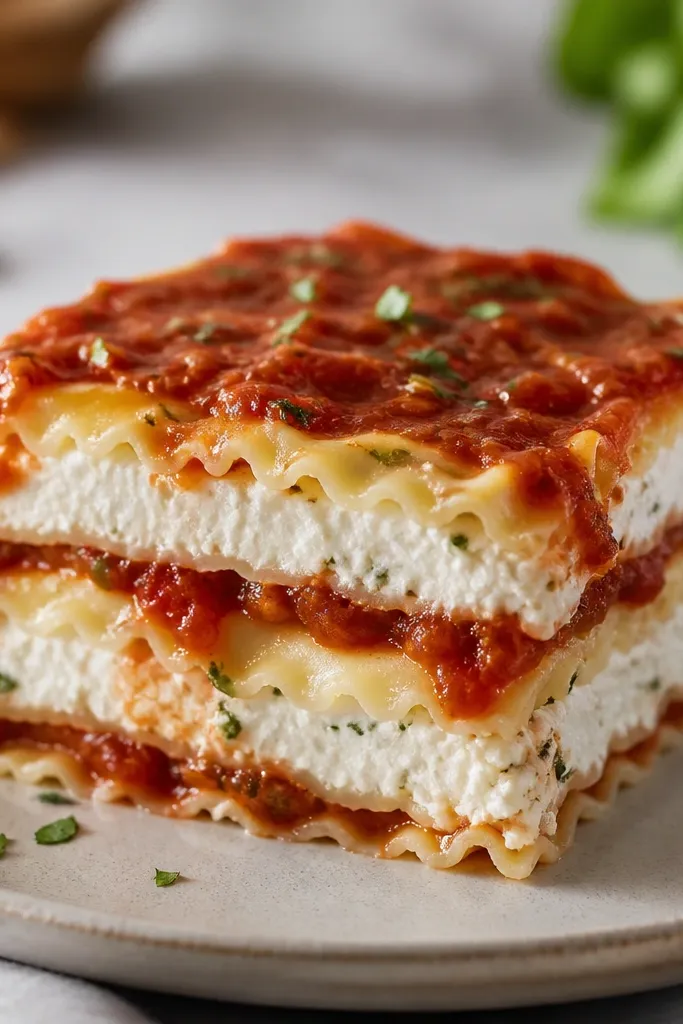 A sliced square showing three clear bands: pale ravioli tiles, white creamy cheese layer, and red marinara bands between them.