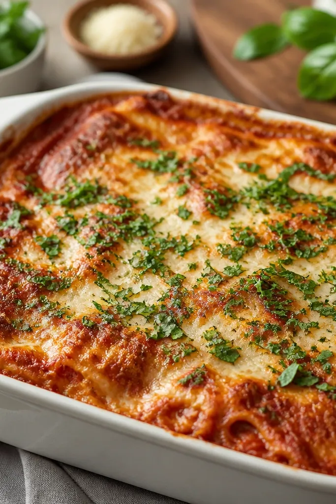A finished lasagna sprinkled with chopped fresh basil and flat-leaf parsley, visible as green flecks across a red-and-white cheese surface.