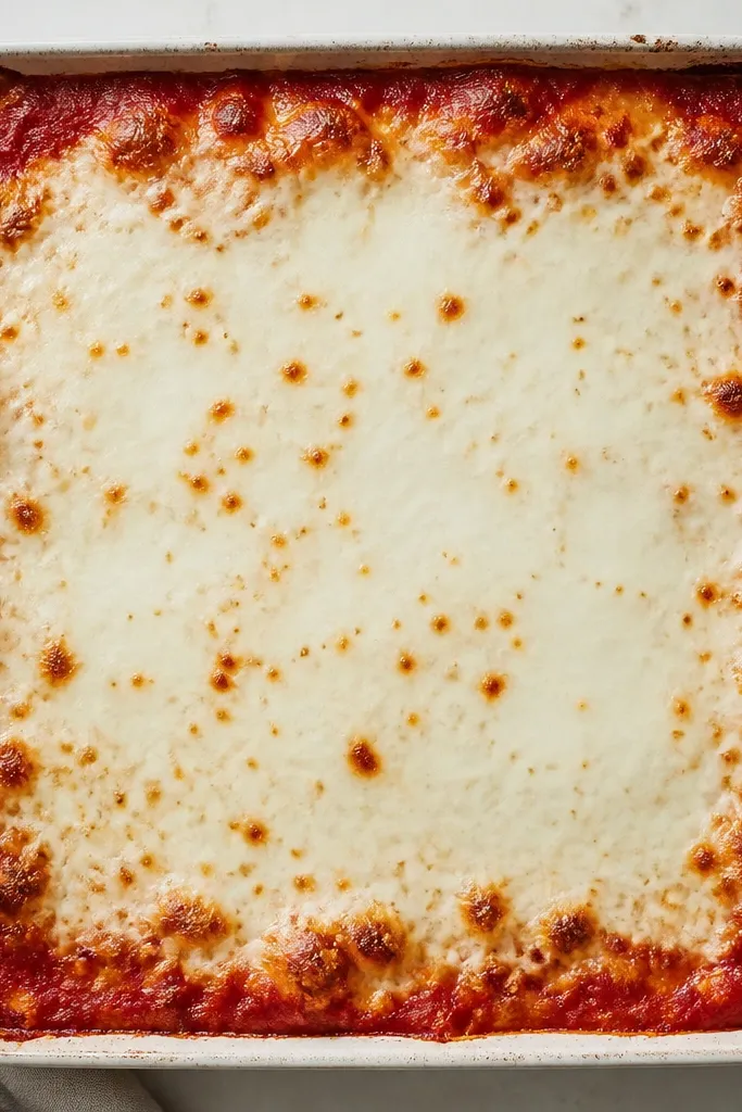 A top view of lasagna with a thick white mozzarella layer in the center, surrounded by a thin red marinara rim along the edges.