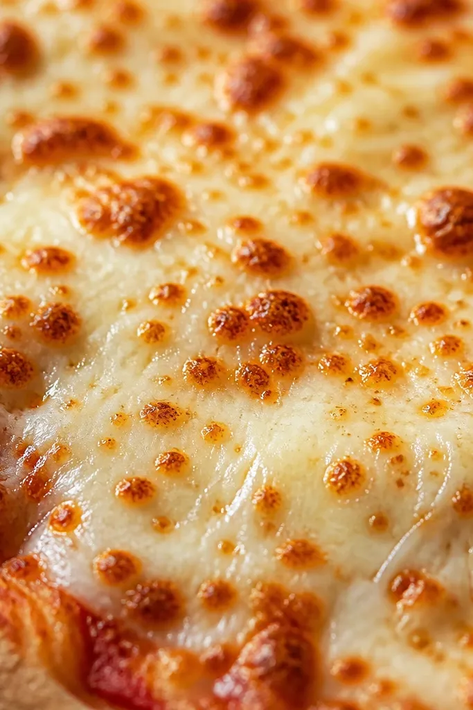 Close-up of browned parmesan freckles on top of melted mozzarella, with tiny toasted dots and glossy melted strands.