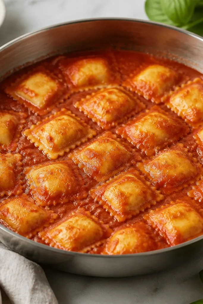 A pan where individual ravioli are slightly visible under a thin red sauce layer, forming a neat grid pattern.