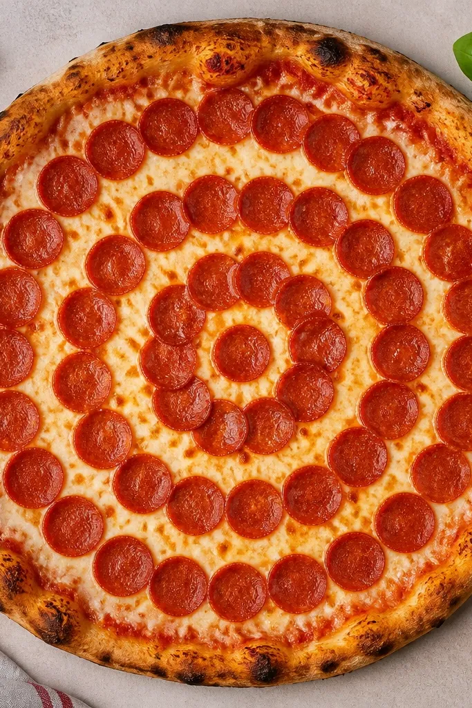 A top view with pepperoni slices arranged in a spiral pattern across the melted cheese, showing red-orange edges.