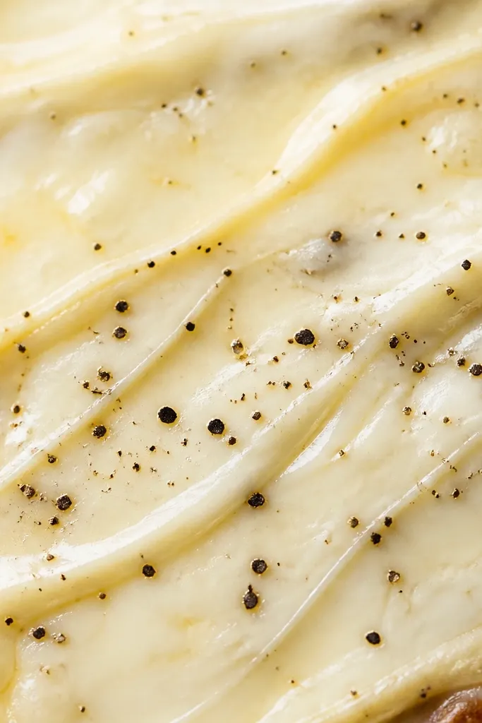 A close-up of white melted cheese with visible black pepper specks spread in thin lines across the surface.