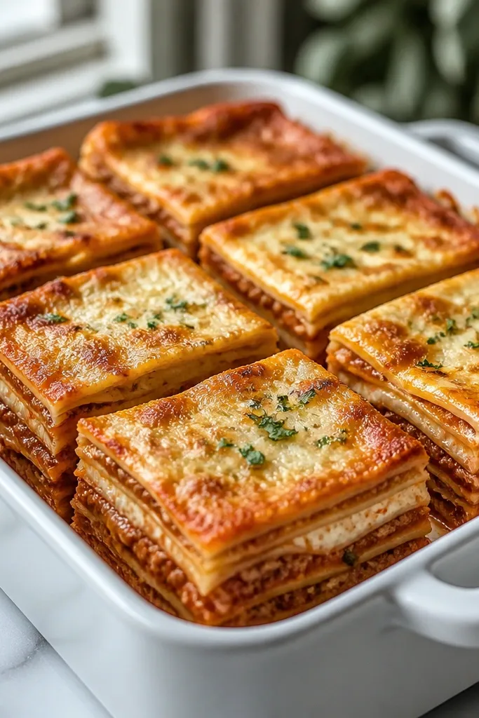 A tray of neat lasagna squares cut with a sharp knife, with clean edges and visible layers.