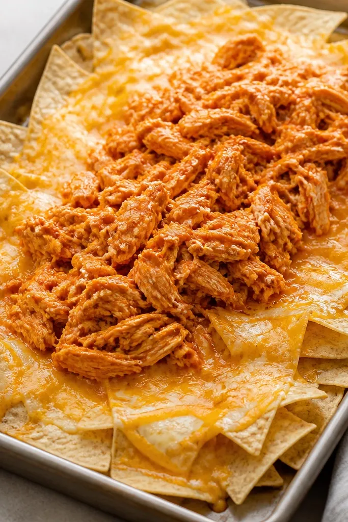 A sheet-pan of tortilla chips covered with shredded cheese that has melted into a glossy layer, with a mound of saucy buffalo chicken in the center and edges still showing chips.