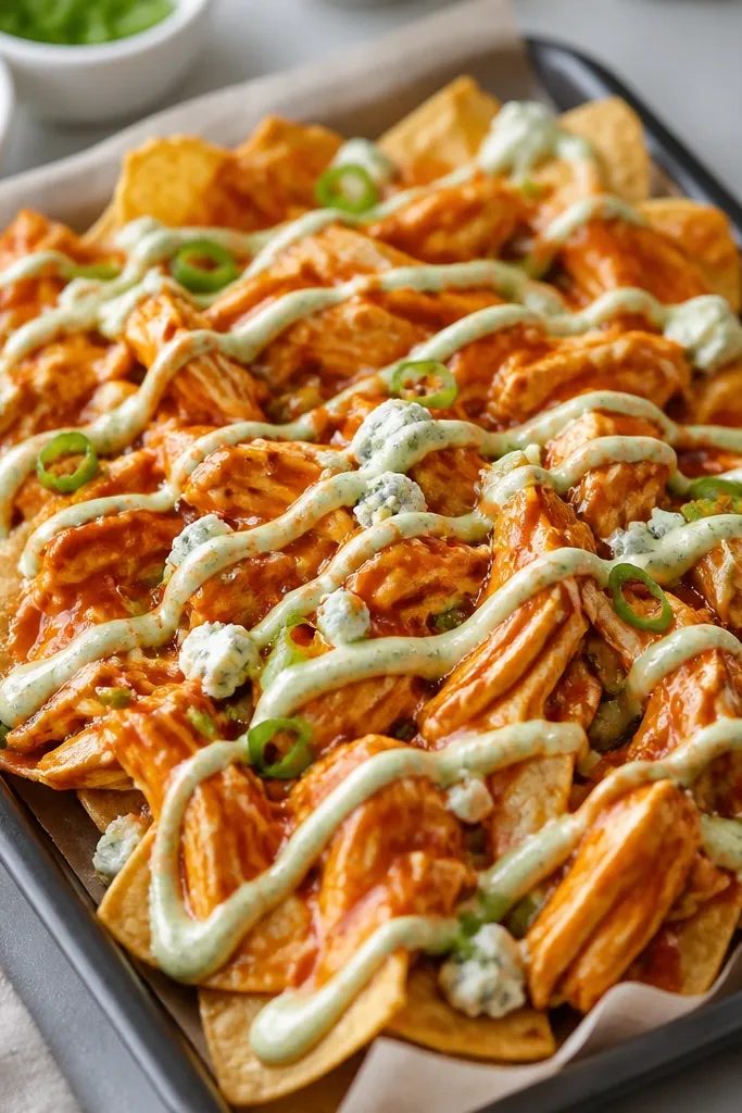 A tray of nachos with glossy red-orange buffalo chicken, and thin pale greenish-white drizzle streaks over the top like sauce ribbons.