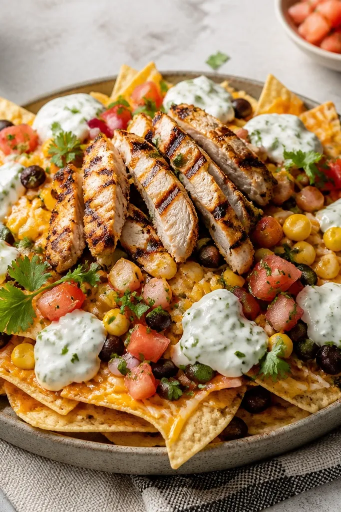 Spoonful dollops of sour cream with green flecks, spread in small swirls across the nachos around the chicken mound.