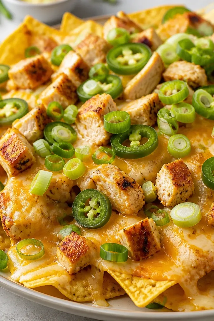 Bright green scallion rings and small jalapeno slices scattered over nachos, with some pieces sitting on top of chicken and others on melted cheese.