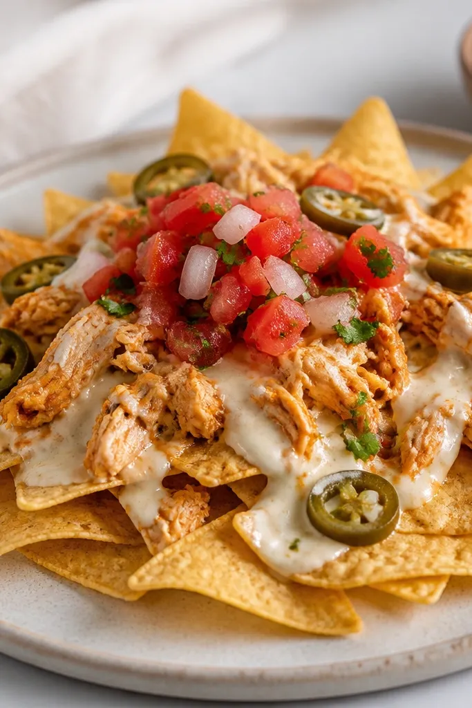 A small pile of red pico de gallo with visible tomato seeds and chopped onions, placed lightly over the chicken without soaking the chips.