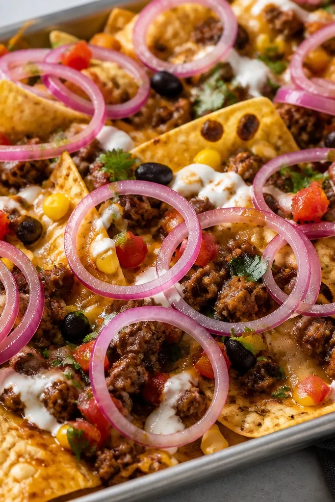 Thin rings of pinkish red onion scattered on top of nachos, with a little sheen from quick pickling liquid.