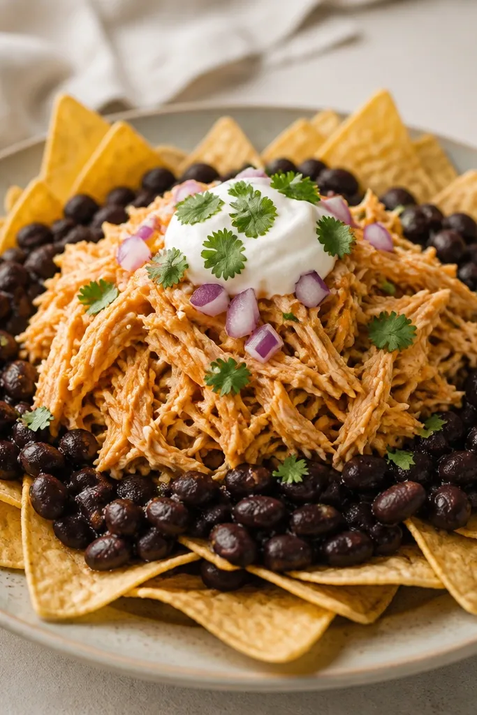 Black beans spread in a ring around the chicken mound, with chips still visible at the outer edges.