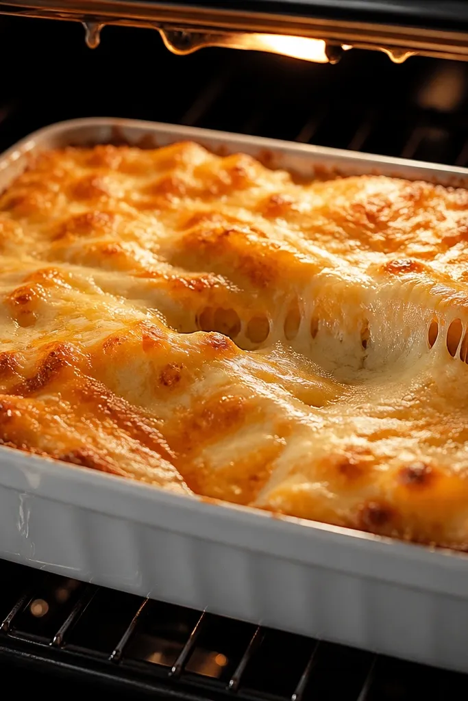 A mix of shredded cheeses visible across the tray, with some strands stretching and bubbling under broiler heat.