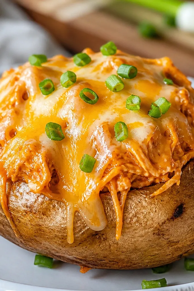 Shredded chicken coated in glossy buffalo sauce, piled neatly and shining under the melted cheese.