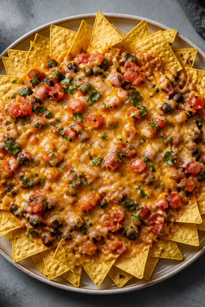 Nachos where the center is fully covered, but the outer ring shows chips clearly with less sauce pooling.