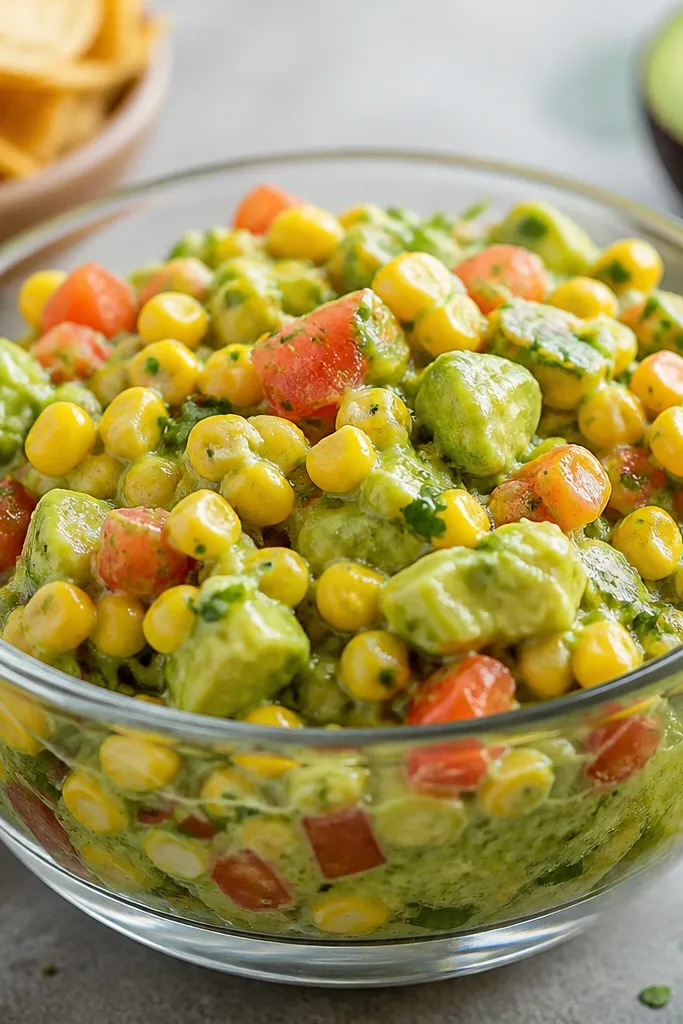 A glass bowl of corn and avocado salsa with visible creamy green streaks, chunky yellow corn kernels, and small flecks of red tomato on top.