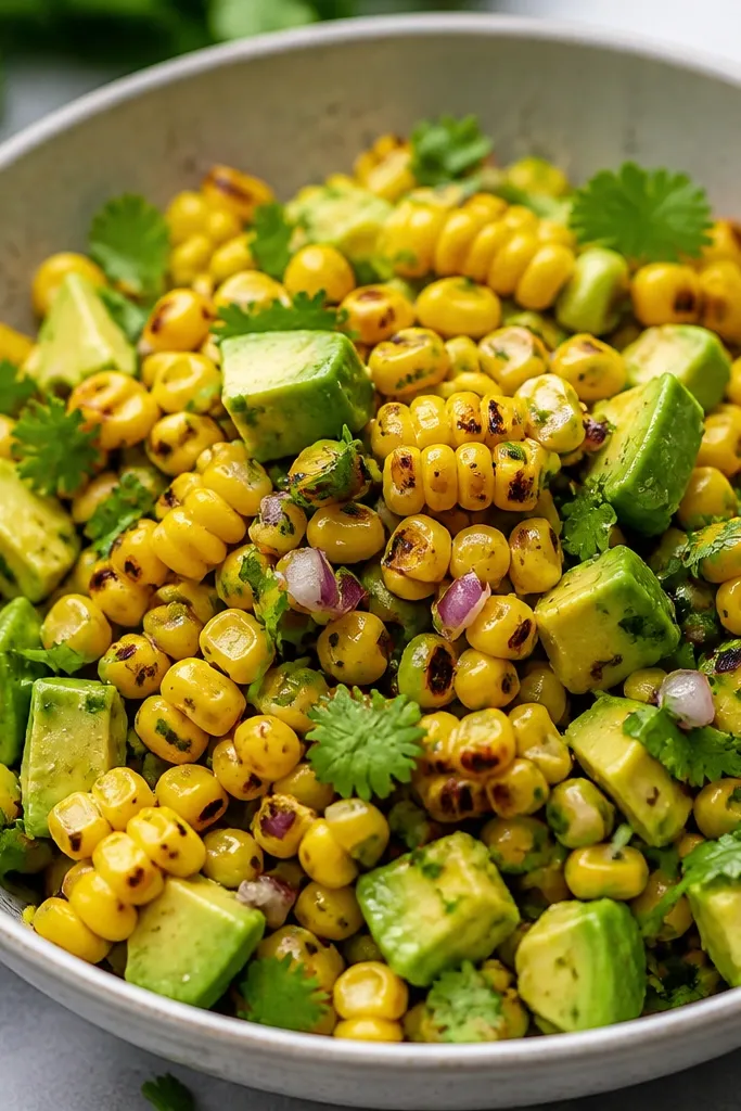 A skillet-seared corn salsa where corn kernels show light brown char spots, surrounded by fresh green avocado and scattered chopped cilantro.