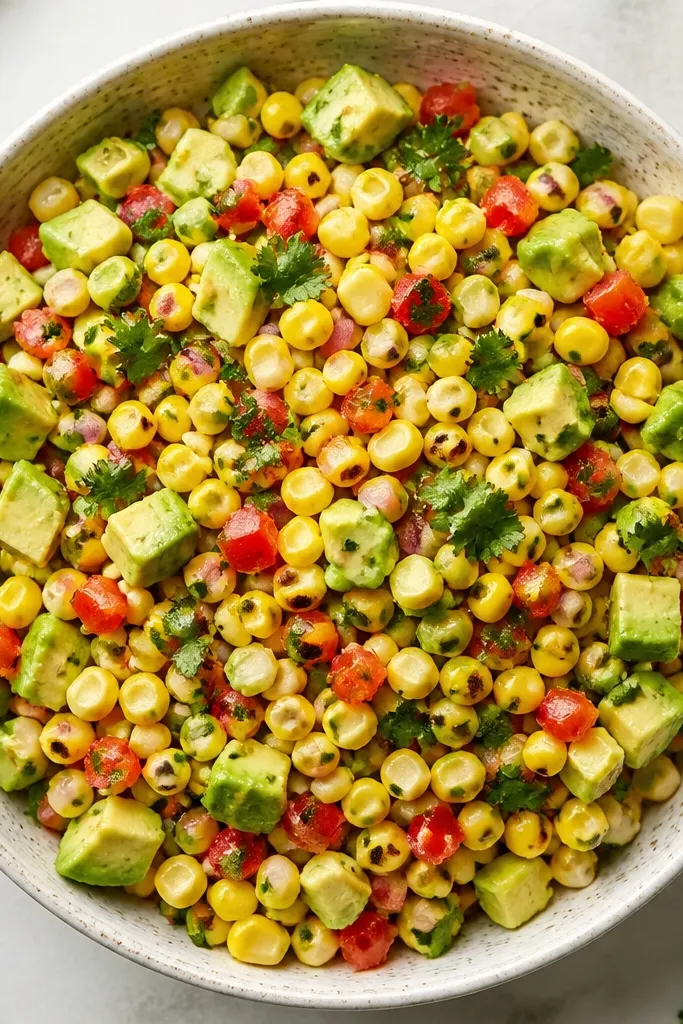 A top-down view of corn avocado salsa with small tomato dice sprinkled evenly like confetti, not clumped, with cilantro leaves visible.