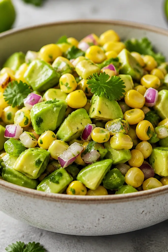Corn and avocado salsa with a slight wet sheen on the avocado, lime juice droplets visible around corn kernels, and cilantro on top.