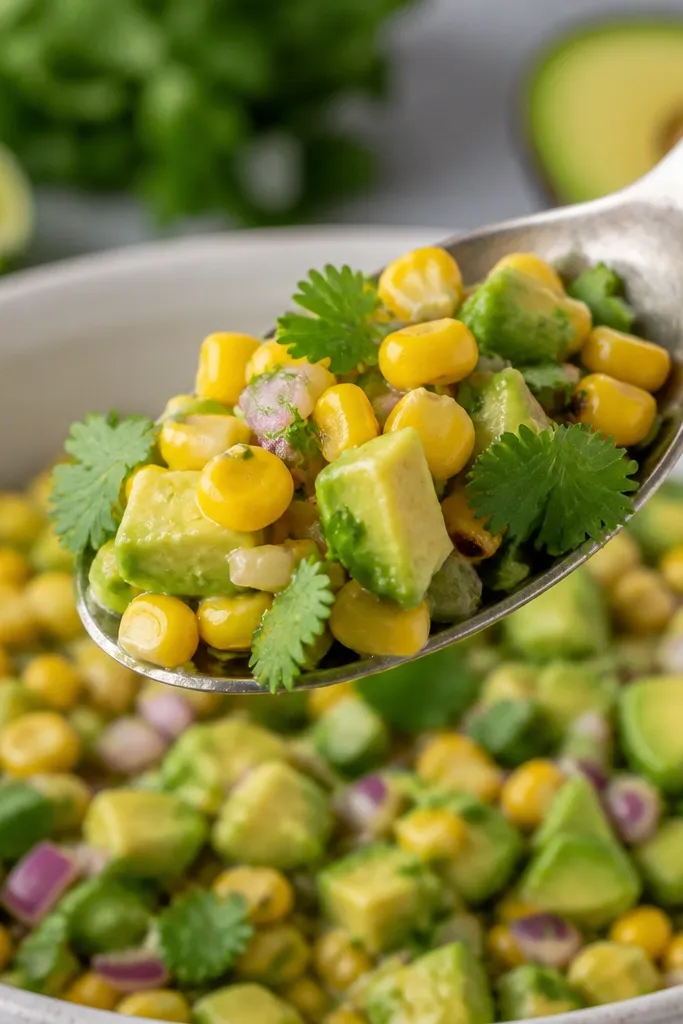 A serving spoon holding corn and avocado salsa with cilantro leaves clearly visible, not chopped into tiny dust.