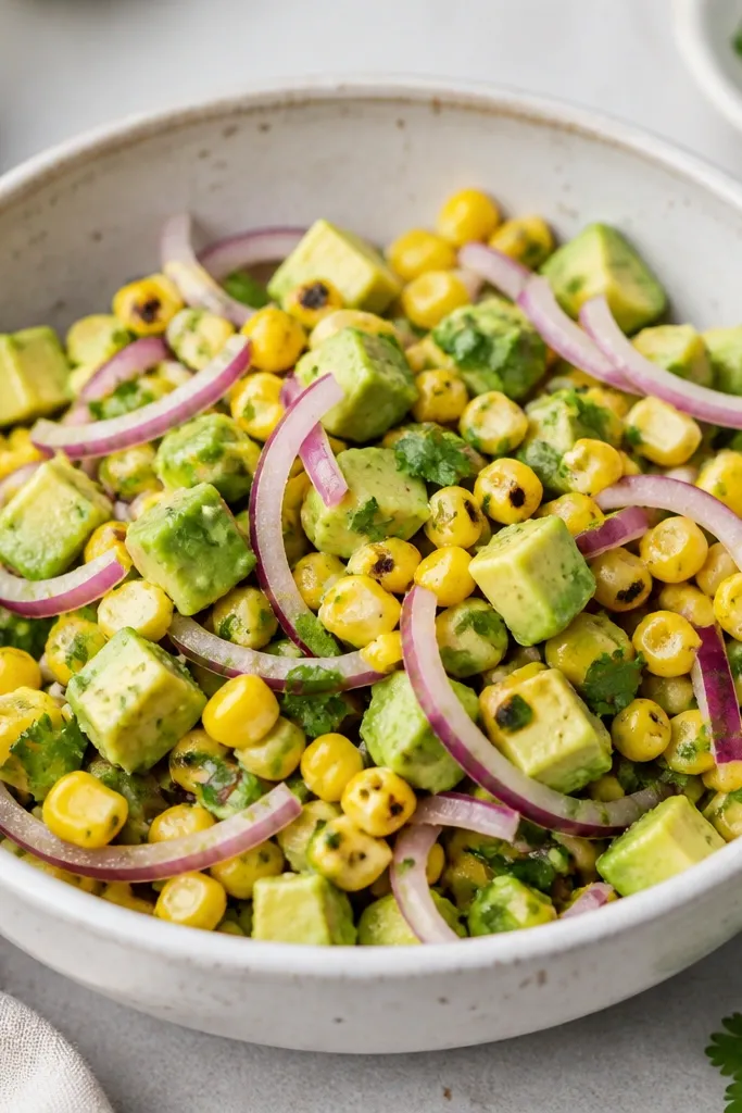 Corn avocado salsa with visible thin red onion slivers, crisp and scattered across the surface.