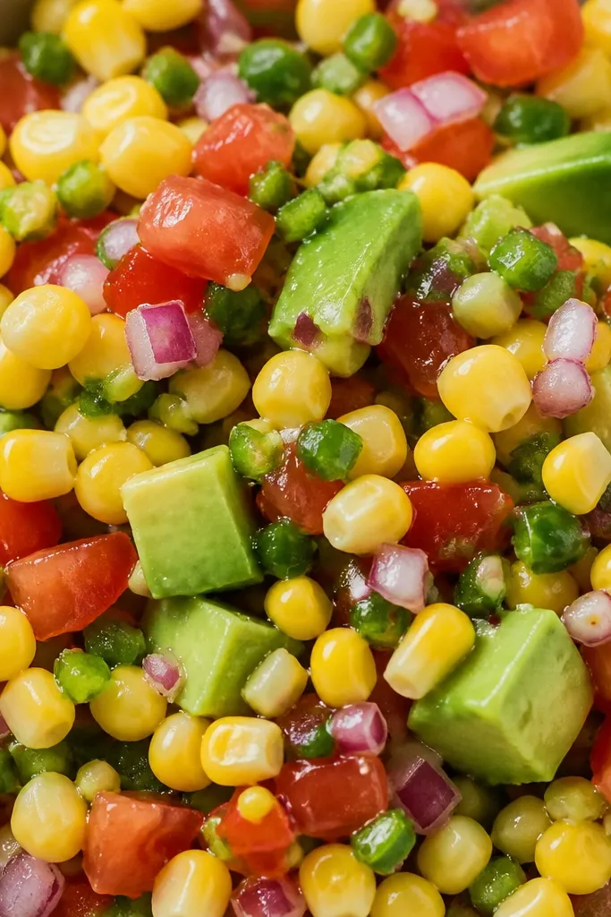 Close-up of salsa with tiny green jalapeno pieces and a few seeds, giving a speckled look across corn and avocado.