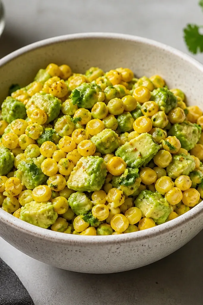 A bowl where corn kernels glisten slightly after seasoning, mixed into avocado without looking wet or watery.