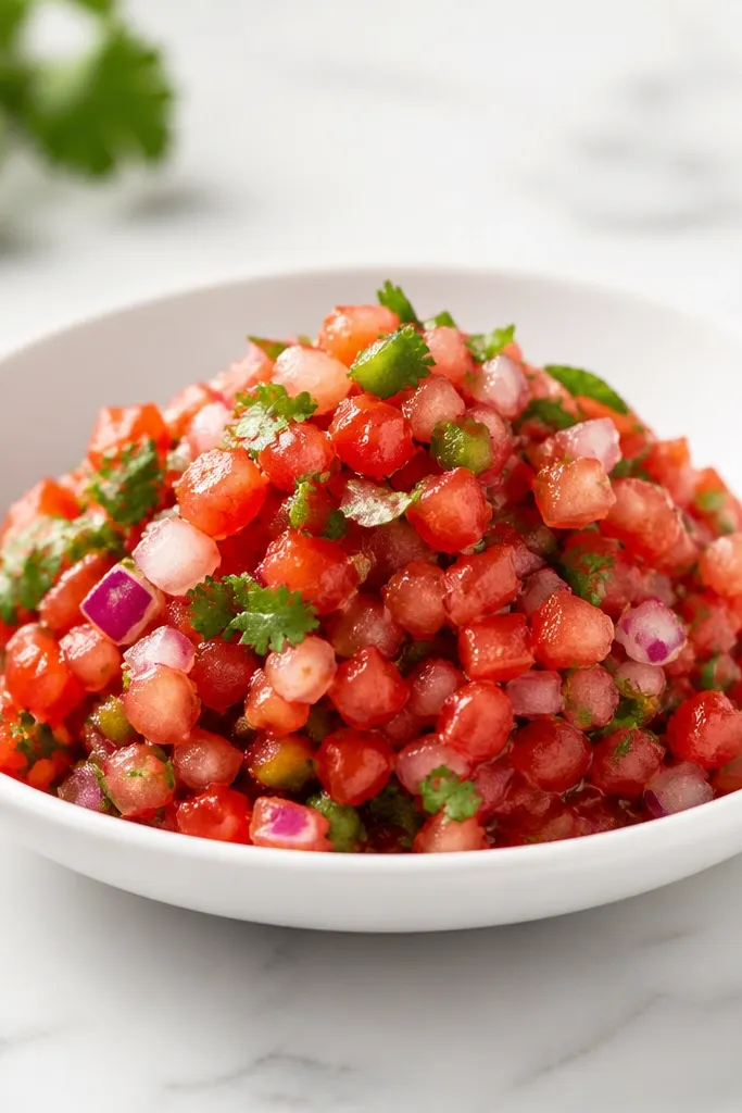 Salsa served in a white shallow bowl with a mound shape and clean perimeter, showing contrast between salsa colors and the white background.