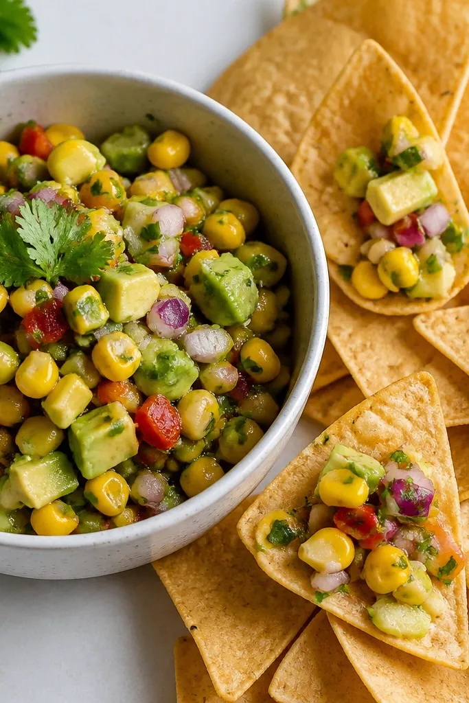 Corn and avocado salsa placed next to tortilla chips with a few chips dipped, showing a halo of salsa on chip edges.