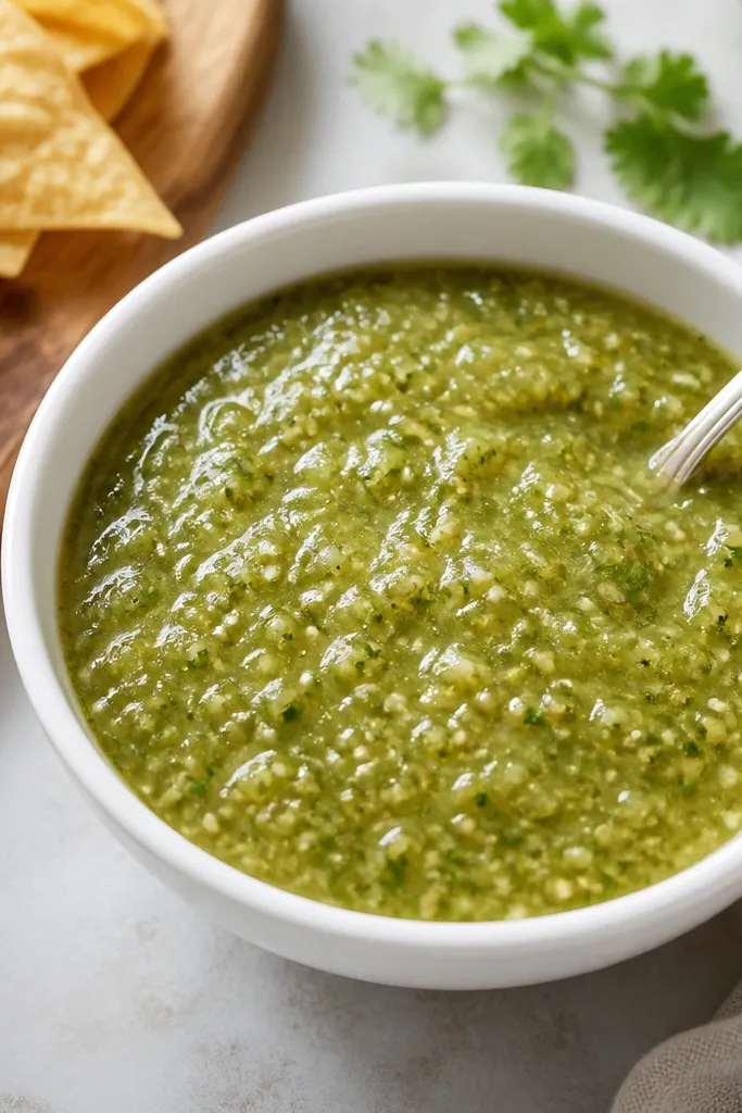 A small white bowl filled with thick green salsa verde with visible tiny tomatillo bits, flecks of cilantro, and a glossy surface. A spoon rests in the bowl, and tortilla chips sit on a wooden board at the side.