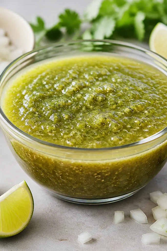 A glass bowl showing salsa verde with a slightly darker blended base and a lighter green top layer. Fresh lime wedges and chopped onion are scattered around the bowl.