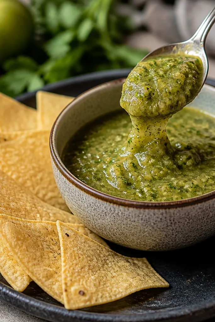 A spoon lifted above a bowl of salsa verde, showing thick chunks clinging to the spoon. Tortilla chips are arranged in a fan on a dark plate, and the salsa looks thick enough to hold its shape.