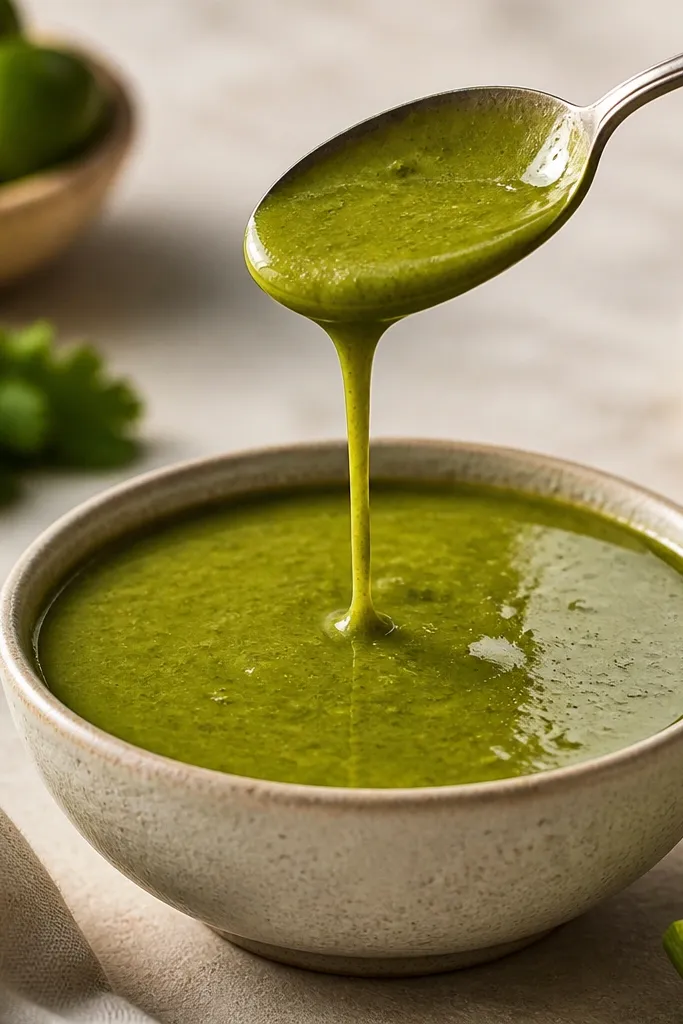 A bowl of salsa verde with a smooth, pourable consistency. The surface reflects light, and the salsa drizzles slowly off a spoon into a thin ribbon.