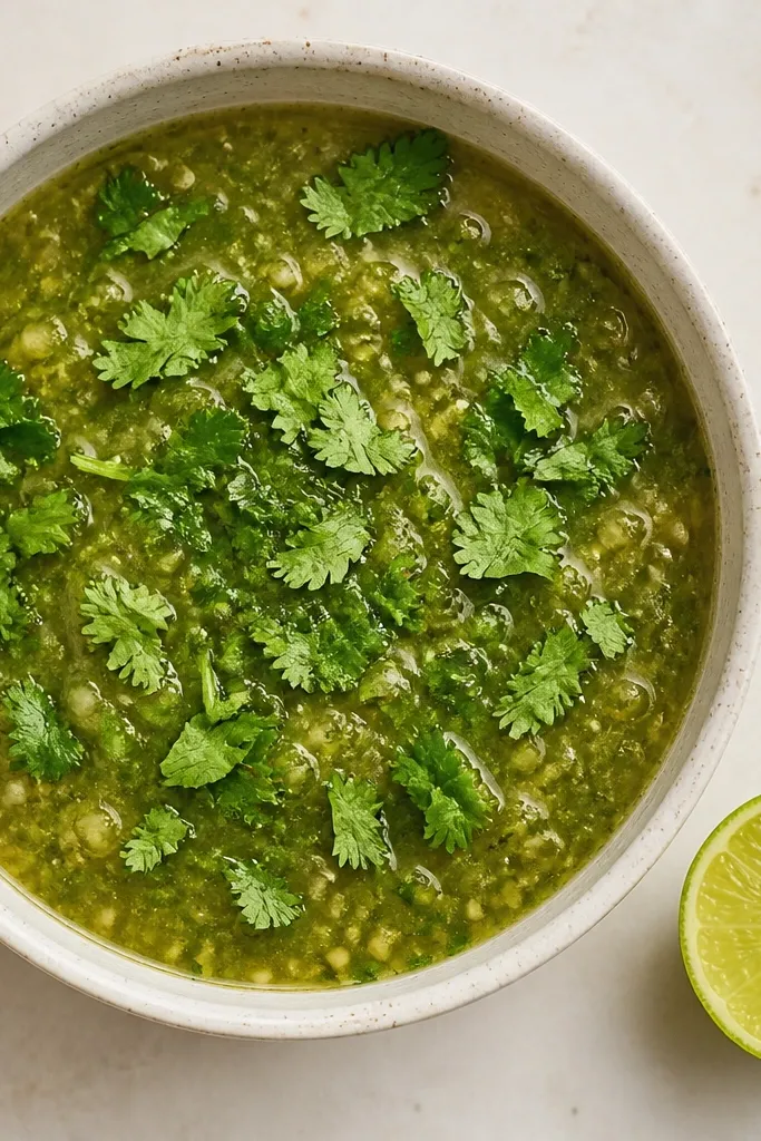 A close-up top view of salsa verde with a heavy scatter of chopped cilantro on the surface. The green pops against a creamy off-white background, and a lime half sits near the bowl.