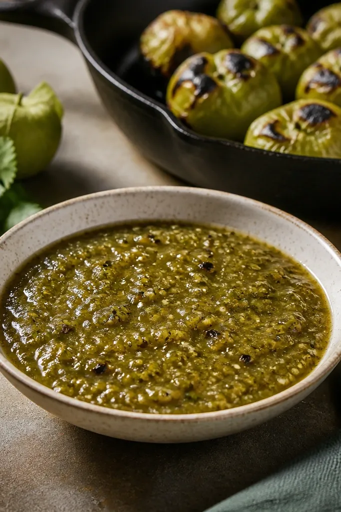 A bowl of salsa verde with a slightly darker green tone and tiny browned tomatillo flecks. A skillet and charred tomatillos are visible in the background.
