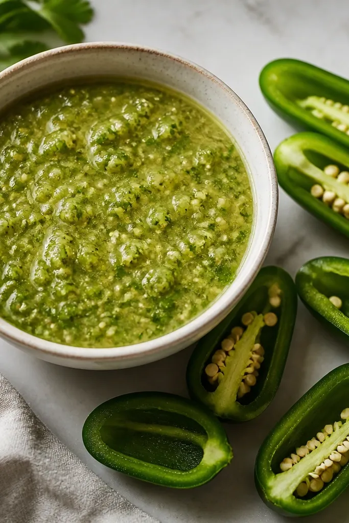 A bowl of salsa verde with tiny green jalapeño bits visible. Next to it are sliced jalapeños showing some seeds removed and some left in.