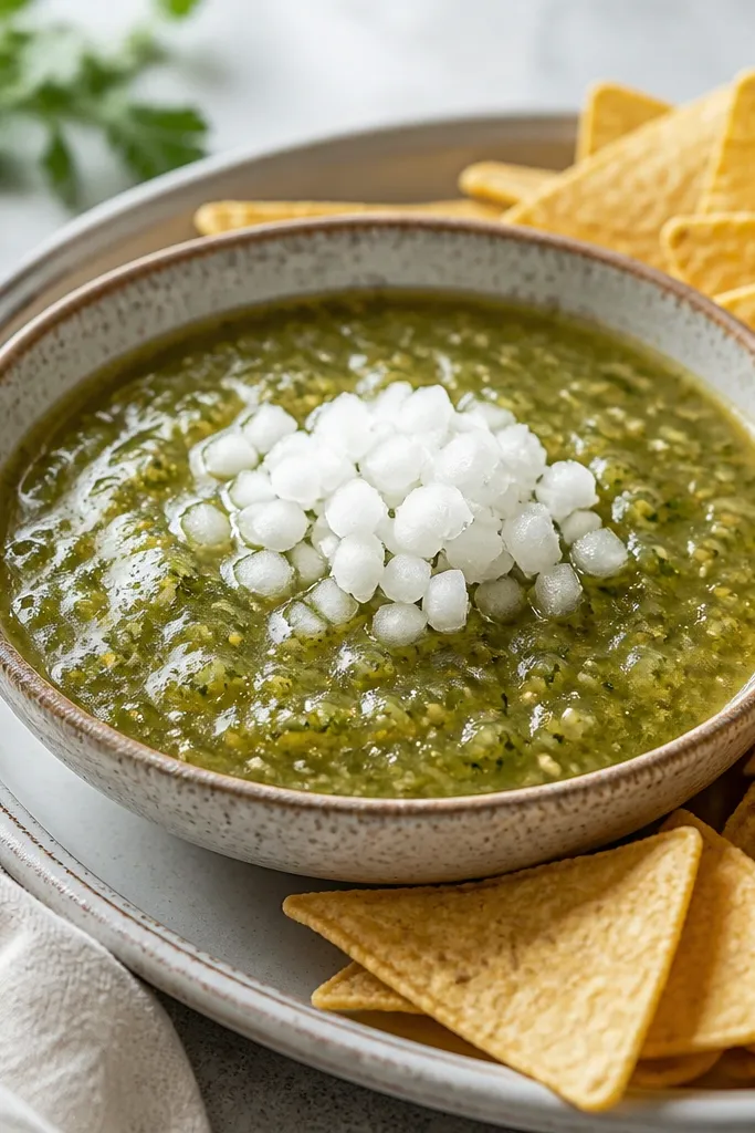 A serving dish where salsa verde is topped with a small mound of finely diced white onion. The onion pieces look crisp and glossy, and chips are placed around the dish.