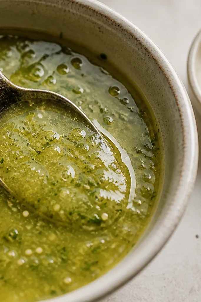 A close-up of salsa verde with a glossy surface and a slightly creamy texture. Visible bubbles cling to the spoon, and a small dish of minced garlic sits off to the side.