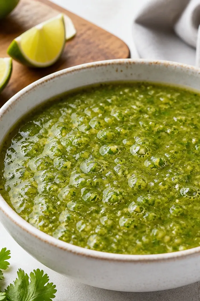 A bowl of salsa verde with freshly squeezed lime juice droplets on the surface, and lime wedges on a cutting board. The salsa looks bright green and slightly thicker than before.