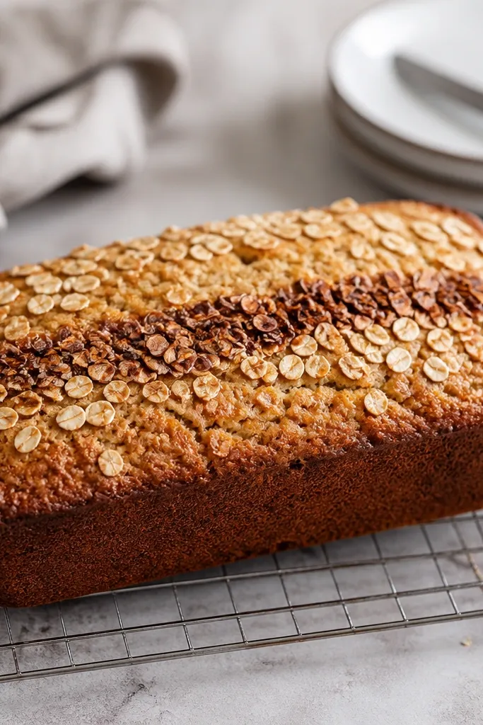 A golden banana bread loaf with a thin layer of oats sprinkled across the top, showing slightly darker toasted oat flakes in a horizontal band.
