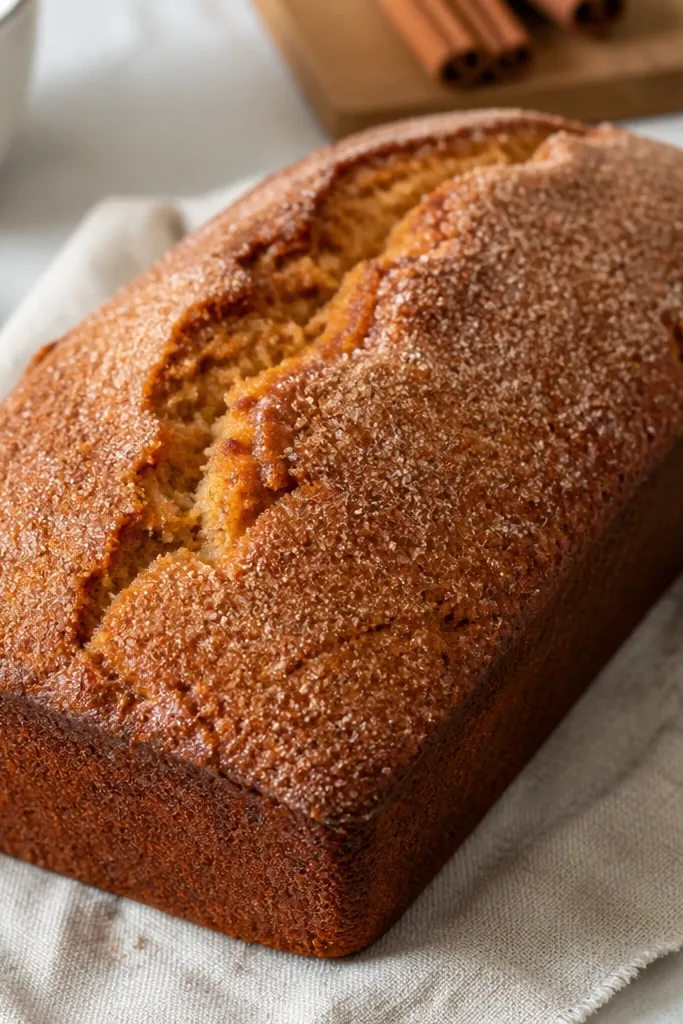 A loaf with a glossy, lightly cracked top dusted in a fine cinnamon-sugar layer, with tiny specks catching light across the center.