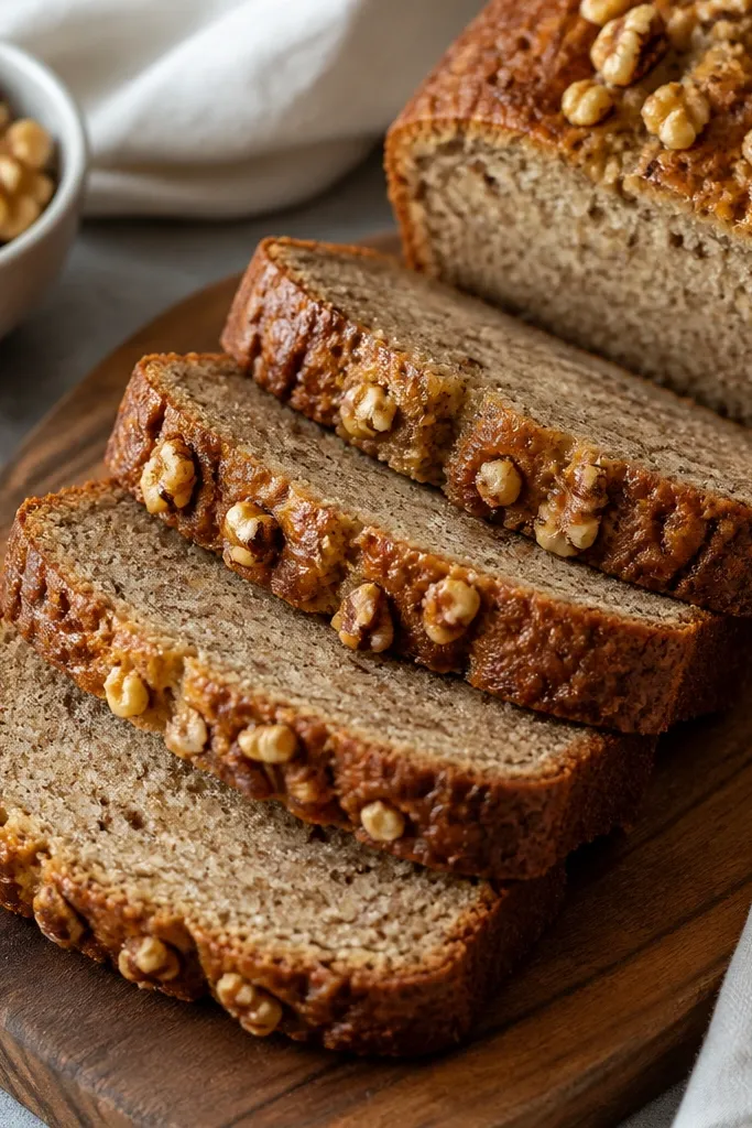 Banana bread sliced into thick slabs, with visible walnut pieces along the outer edge of each slice, arranged in a neat fan on a wooden board.