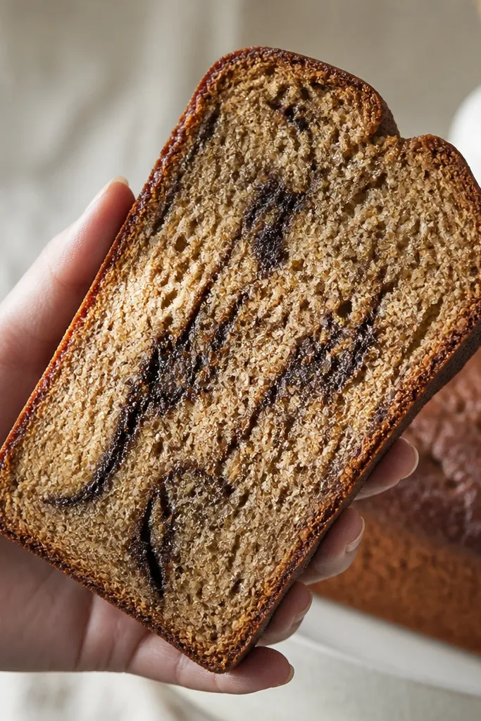 A banana bread loaf with thin dark chocolate streaks running through the center, visible when you tilt it under light.
