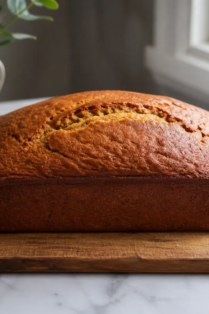A plain banana bread loaf with a smooth, crackled top and even browning, photographed straight-on with soft natural window light.